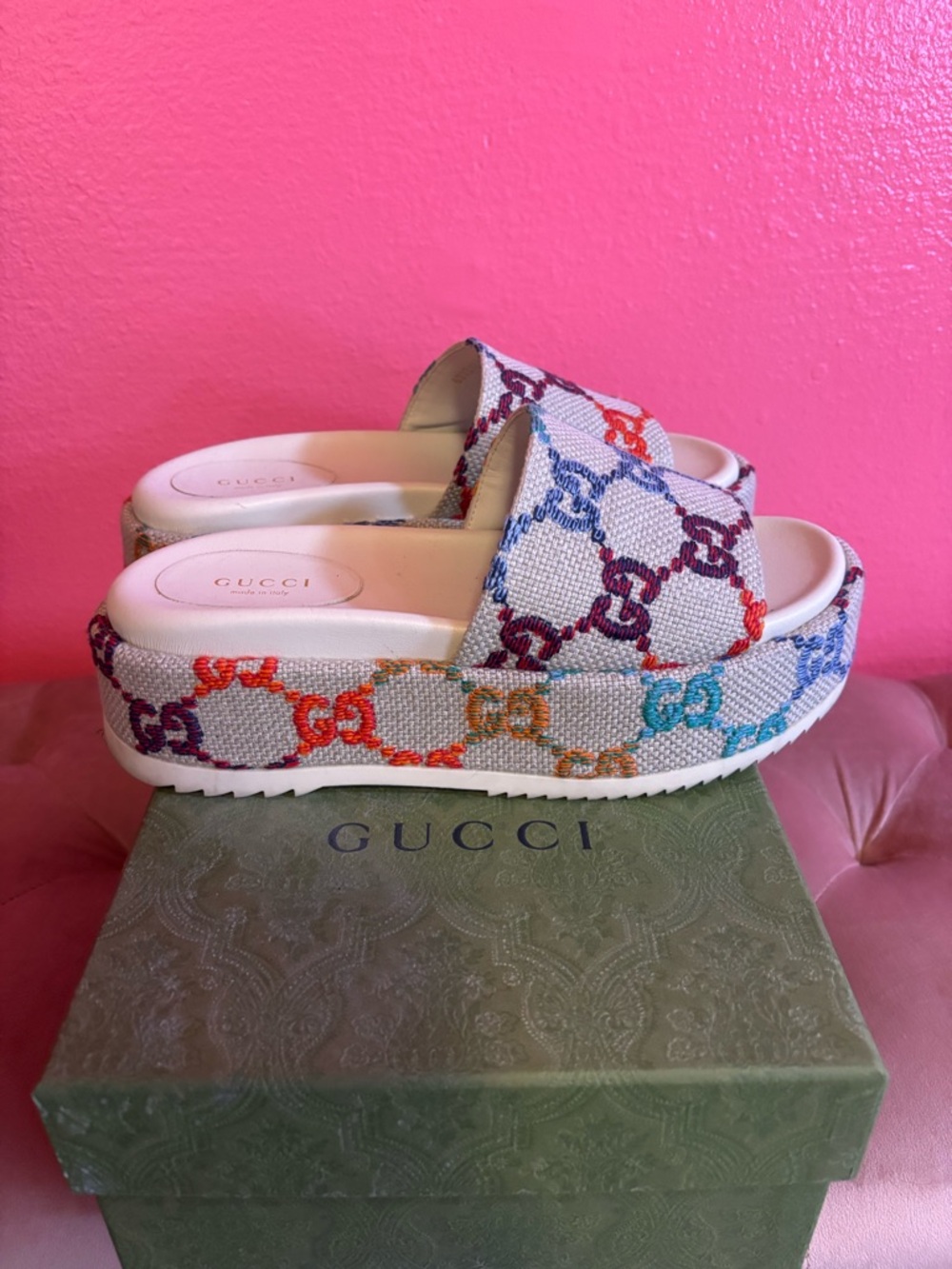 Gucci Multicolor GG Canvas Platform Slides